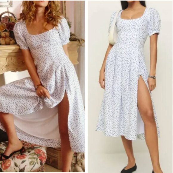 NWT Reformation Coucou Linen Midi Dress Sz2 Hanna Blue White Floral Causal